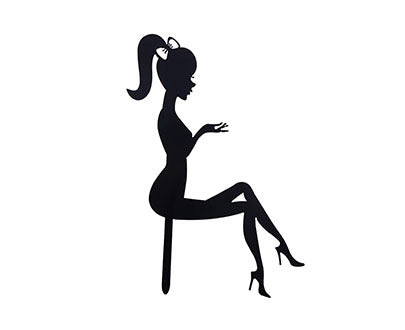 The image features a silhouette of a woman seated on a chair. She has a ponytail and is depicted in a stylish pose, wearing high heels. The figure is solid black against a white background, emphasizing the outline of her body and posture.