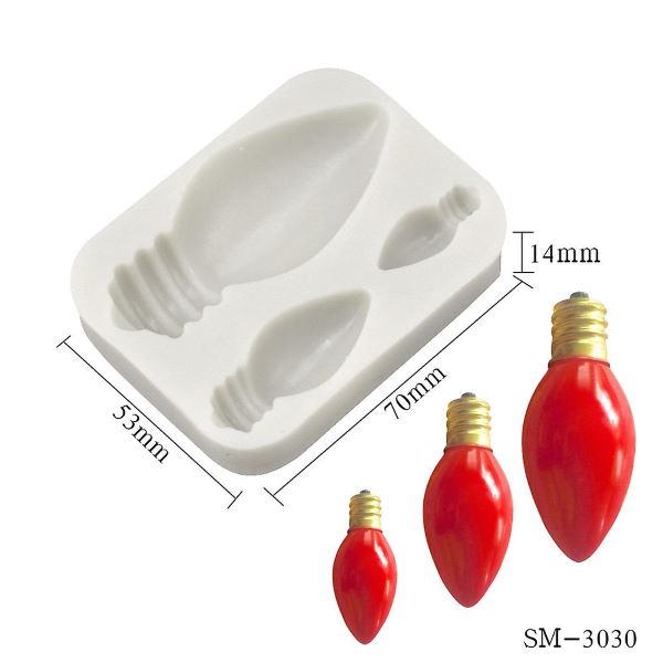 The image features a white silicone mold designed to create three-dimensional light bulb shapes. The mold includes two different bulb designs, displayed in a rectangular format with dimensions indicated (53mm by 70mm). Alongside the mold, there are three red light bulb replicas, each with a gold base. The tallest replica measures approximately 14mm at its widest point. The overall presentation highlights the mold&