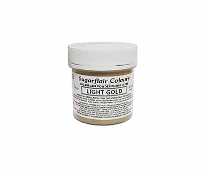 A jar of Sugarflair edible glitter dust powder in light gold. The jar is labeled with the brand name "Sugarflair Colours" and states it contains 25g of light gold powder for food use. The jar has a white lid and features product information on the label.