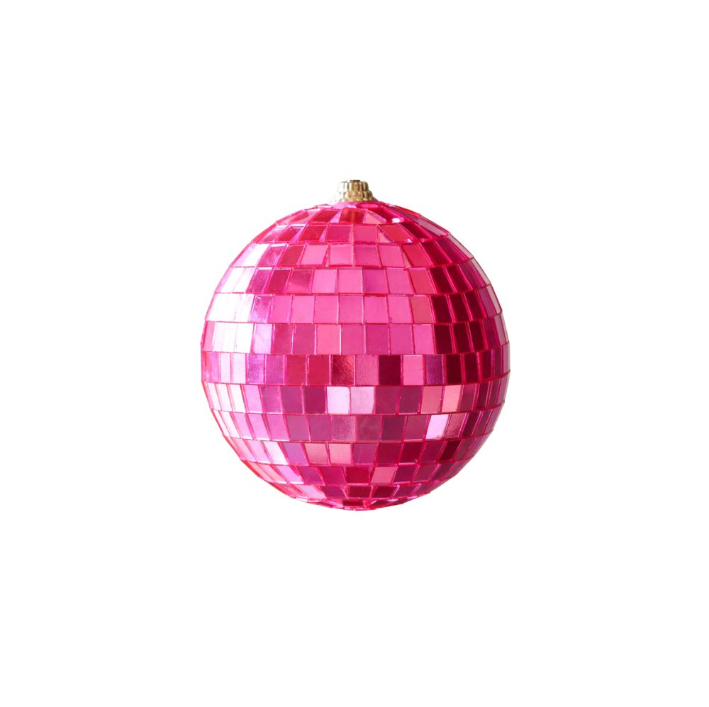 A shiny pink disco ball ornament displayed against a clean white background, evoking a fun and celebratory atmosphere.
