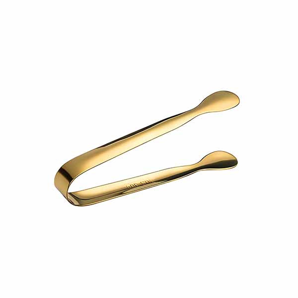 A sleek, gold-colored metal tong with a simplistic design, featuring rounded tips and a smooth, shiny finish. The tong is positioned at an angle, allowing for clear visibility of its shape and features.