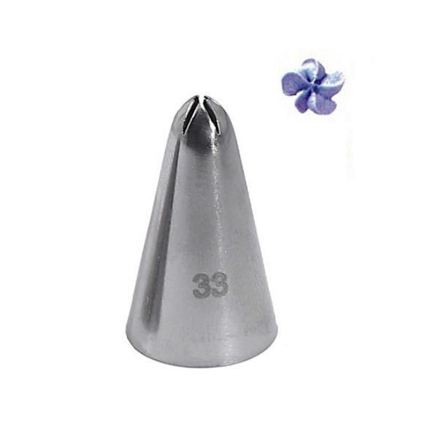 A metallic piping nozzle with the number "33" engraved on its side. The nozzle has a conical shape with a pointed tip featuring two distinct openings. In the background, there&