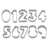 The image features a set of stainless steel cookie cutters in the shape of numbers. The numerals 0 through 9 are displayed in two rows. Each cutter has a simple, curved design and is made of shiny stainless steel, giving them a clean, metallic appearance. The numbers are arranged from left to right, beginning with 0, 1, 2, 3, 4 in the top row, and 5, 6, 7, 8, 9 in the bottom row.