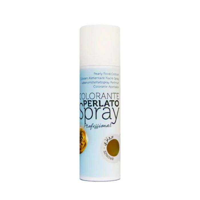 The image shows a tall, cylindrical spray bottle labeled "Colorante Perlato Spray Professional." The bottle is primarily white with blue text, and it features the phrase "Pearly Food Colour" at the top. There is a golden-colored circular graphic with the word "Bronze" printed on it, indicating the shade of the spray. The design includes multilingual text, suggesting it is intended for an international audience.