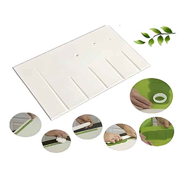 The image features a large, white veining board with several grooves or indentations arranged vertically. Above the board, there are two small holes. Surrounding the board are several circular insets showing individuals demonstrating how to use the board. These insets depict hands using a tool on the veining board and applying it to a surface, as well as a hand holding a tape-like item on a green surface. There are also decorative green leaves positioned near the top of the image.