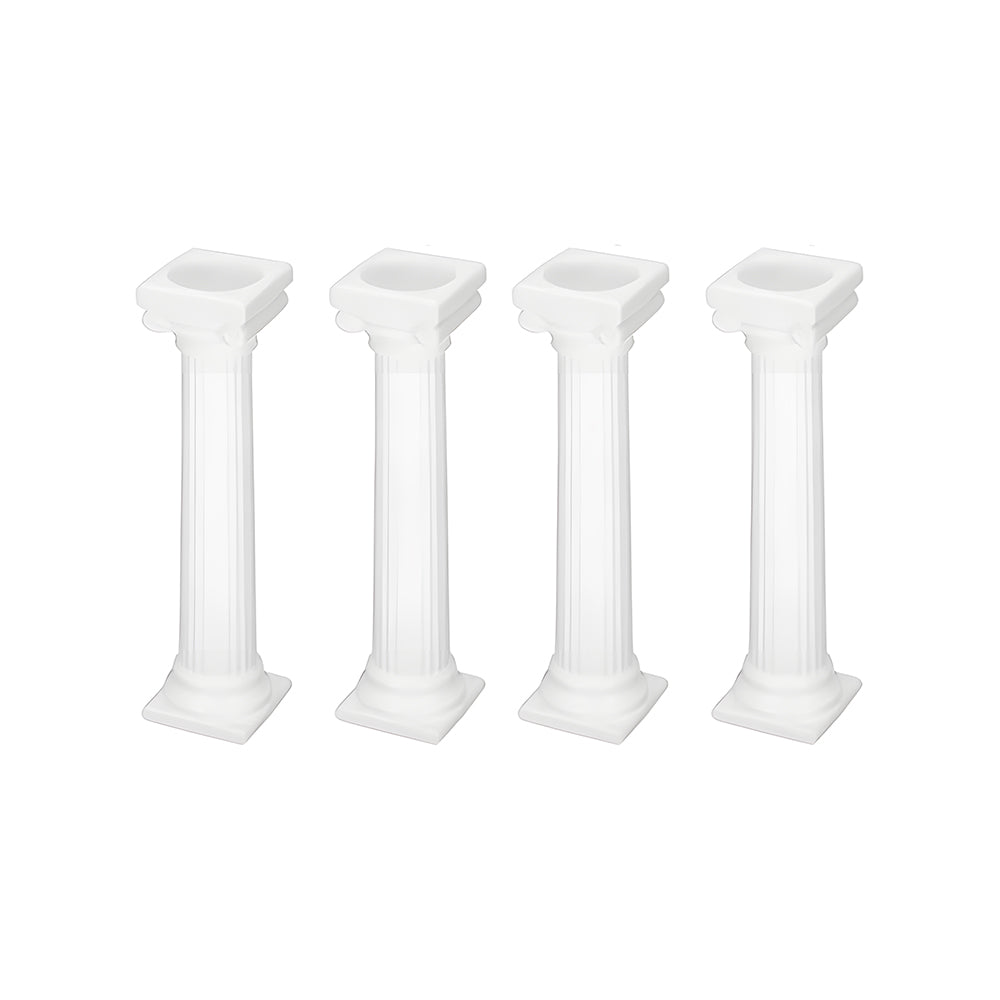 Three white pillars stand against a plain white background, creating a minimalist and elegant visual effect.