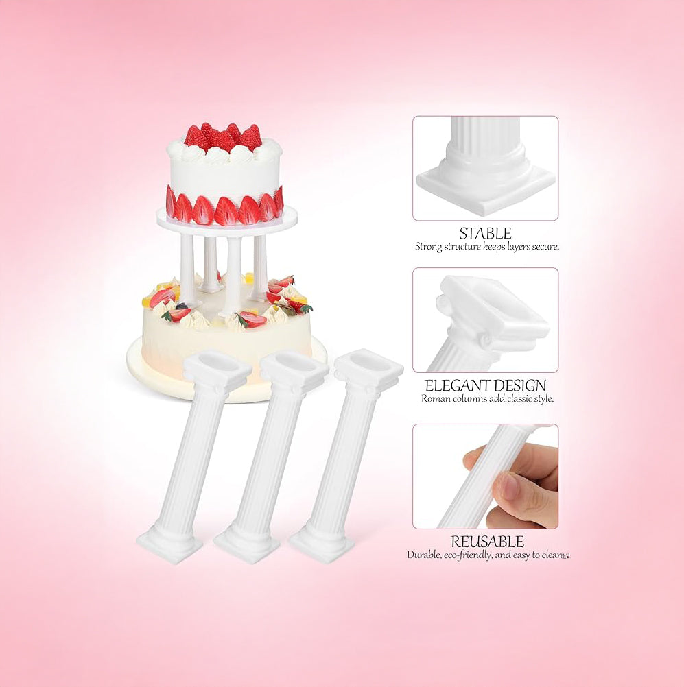 A cake stand featuring a white pillar supporting a beautifully decorated cake on top.