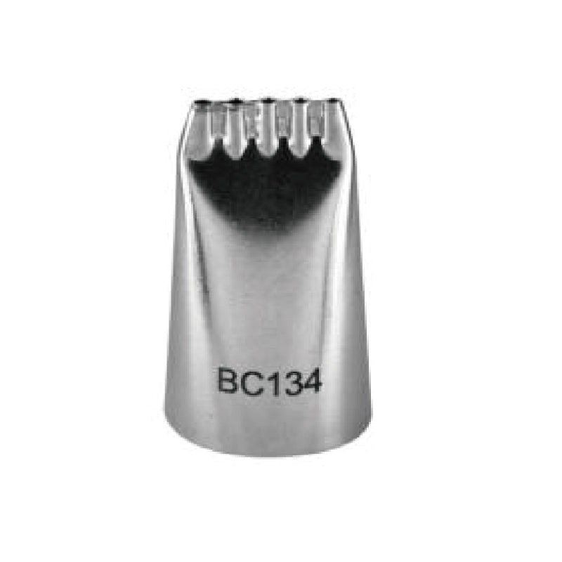 A stainless steel piping nozzle with a wide, flared base and a pointed tip. The nozzle has a decorated edge with five small openings at the top and is labeled with the code "BC134" on its body.