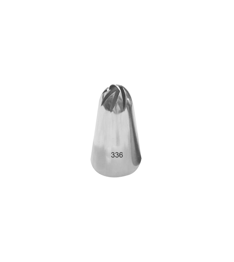 A metal piping nozzle with a pointed top, featuring a decorative star tip and marked with the number "336" on the side. The nozzle is positioned upright against a plain white background.