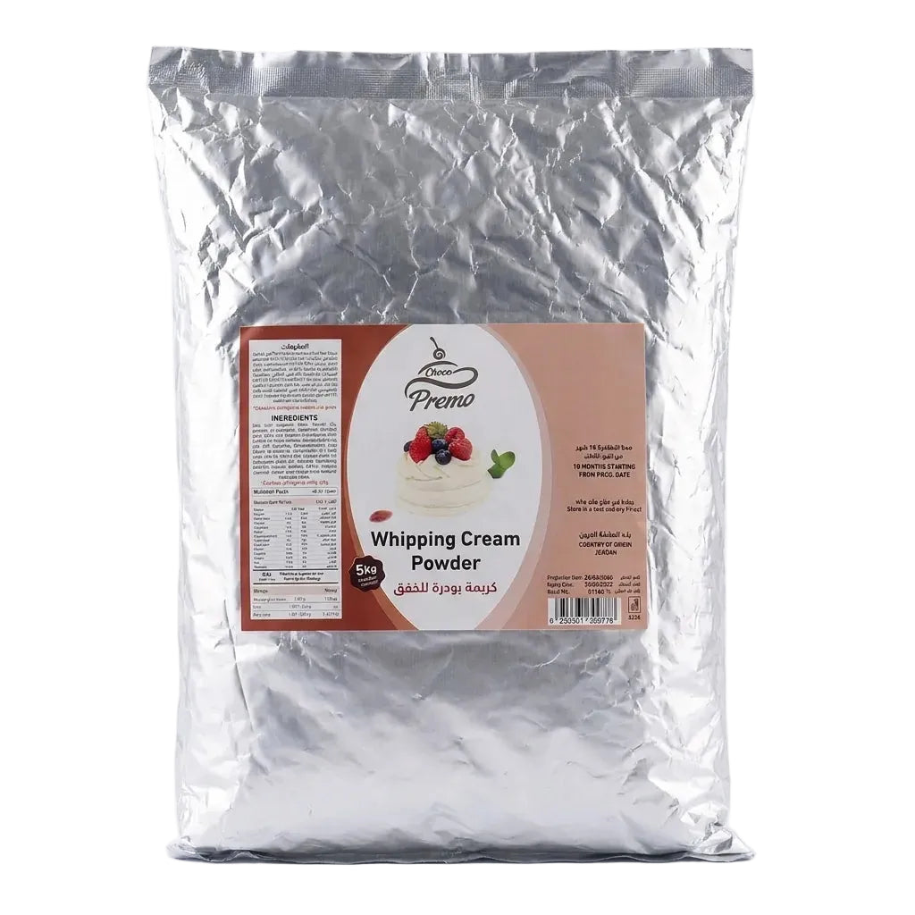 Bag of Premo Whipping Cream Powder with a clear label on a white background