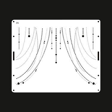 The image features a white cake stencil design with intricate patterns. The stencil displays a series of vertical and curved lines that resemble draping, interspersed with various sizes of solid and dotted circles. The design creates a decorative effect suitable for cake decorating. The stencil is rectangular in shape and has holes for easy handling.