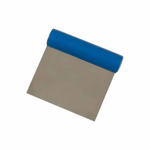 "A stainless steel rigid dough scraper with a blue handle. The scraper has a flat, rectangular blade that is silver in color, and the handle is cylindrical and blue."