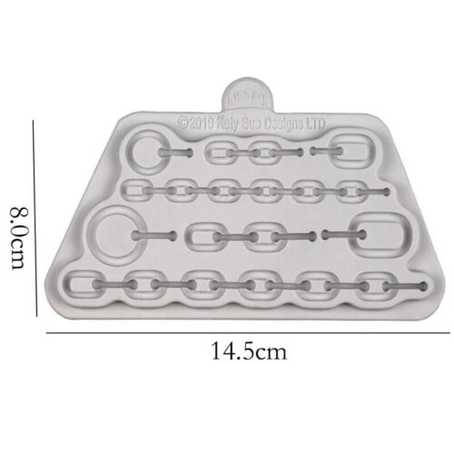 The image shows a silicone mold designed for creating chain shapes. The mold features various chain link designs arranged in rows, with the dimensions labeled: 8.0 cm in height and 14.5 cm in width. The material appears flexible and is designed for use in crafting or baking. The top edge of the mold has a small handle for easy gripping.