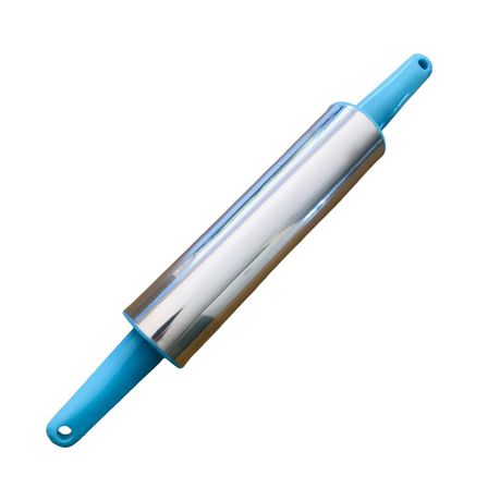 A stainless steel rolling pin with blue plastic handles on each end. The rolling pin has a shiny, smooth surface and is positioned horizontally.