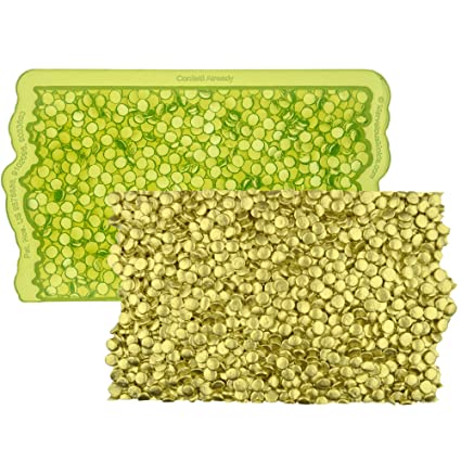 Two silicone moulds for crafting. The top mould is green with a patterned design of small circular shapes. The bottom mould is solid and textured, with a similar design of raised circles in a yellow color.