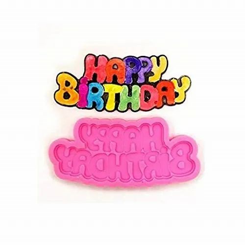 The image shows a pink silicone mold designed for crafting. The mold features the words "HAPPY BIRTHDAY" in a playful font. Above the mold, there are colorful, textured letters spelling out "HAPPY BIRTHDAY" in vibrant shades of rainbow colors. The design incorporates a fun and festive theme suitable for birthday celebrations.