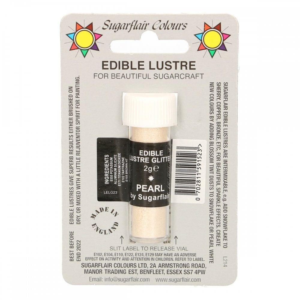 A product packaging for Sugarflair Edible Lustre Glitter in a 2g vial, labeled "Pearl." The packaging features colorful designs, including a sun symbol and instructions for use in sugarcraft. A black label lists ingredients and warnings. The product is noted to be made in England.