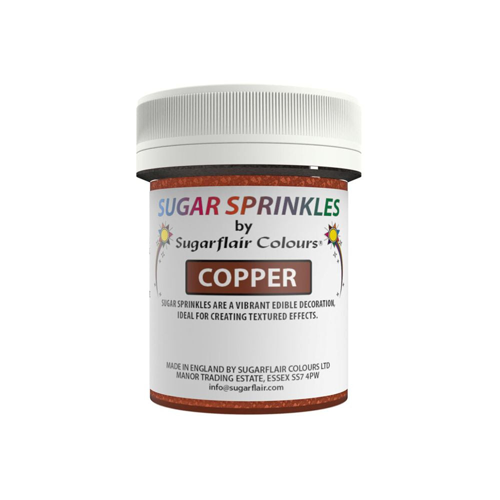 A jar of Sugarflair Colours Sugar Sprinkles in copper. The label highlights vibrant edible decoration suitable for textured effects. The lid is white.