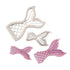 Image shows a set of cookie cutters designed in the shape of mermaid tails. There are three cookie cutters: one larger, detailed cutter with a scalloped texture and two smaller cutters, one with slightly simpler details. The smaller cutters are shown in light pink, while the larger one is a white plastic. The overall design emphasizes the curves and fins associated with mermaid tails.