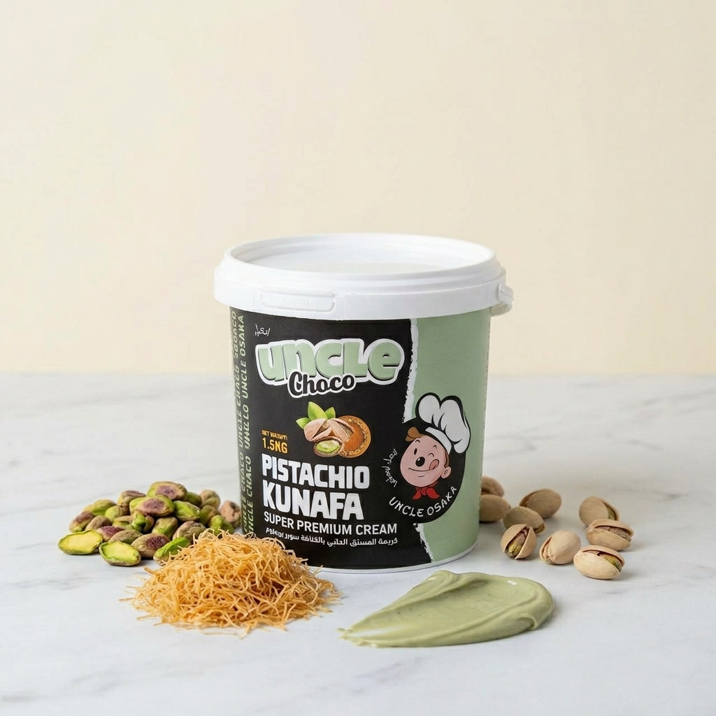 Uncle Choco pistachio kunafa container with pistachios and kunafa on a light background