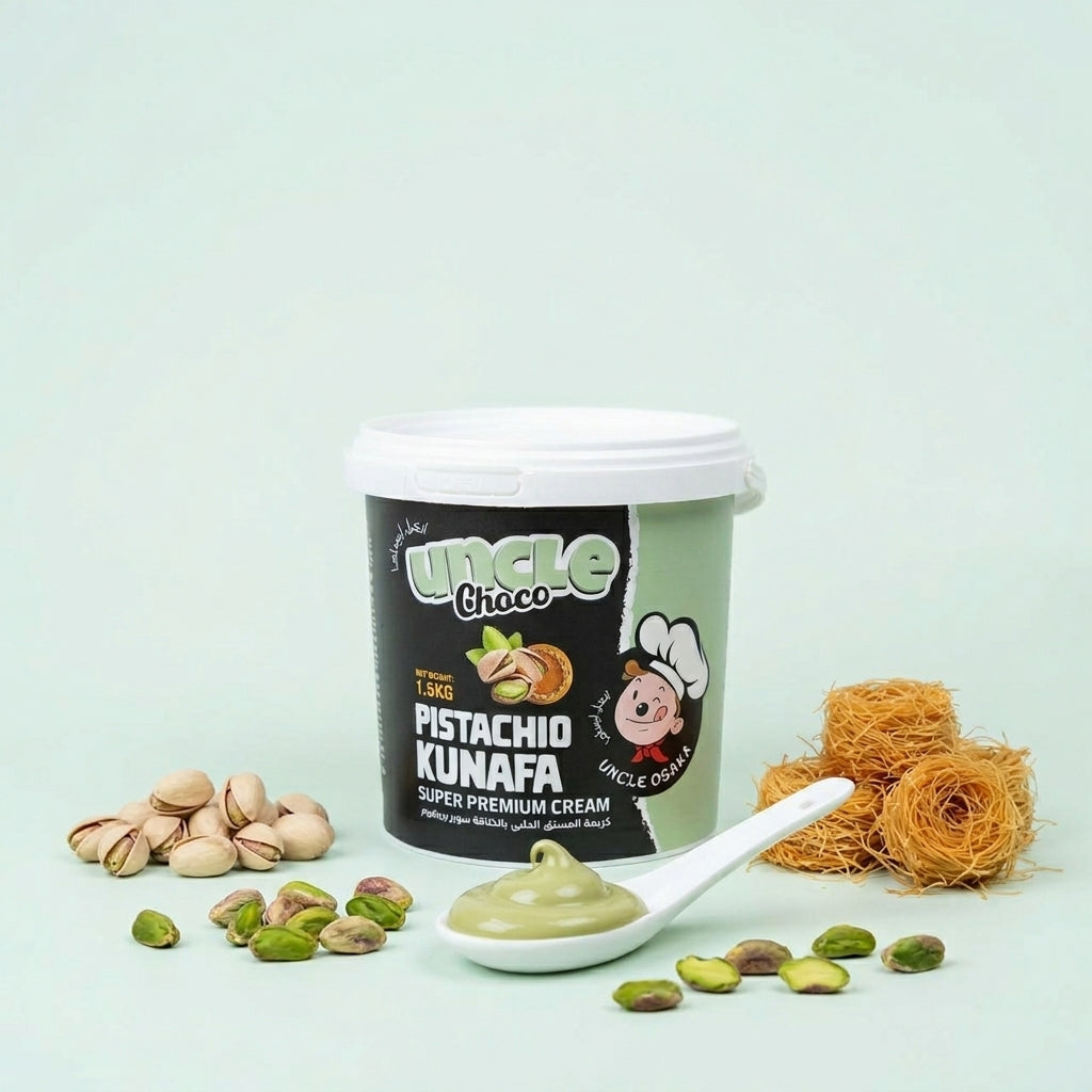 Pistachio Kunafa container with pistachios and a spoonful of cream on a light green background