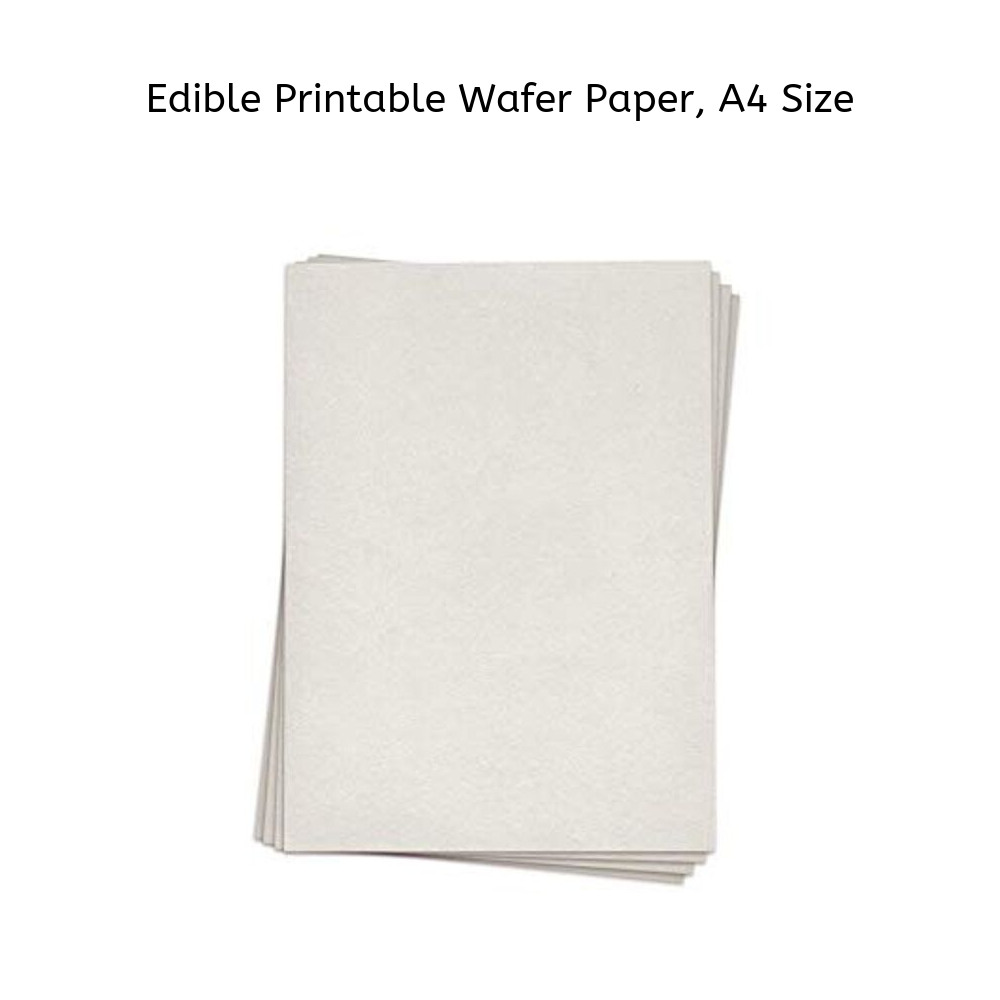 A stack of ten sheets of edible wafer paper in A4 size, shown in a neutral light background. The sheets are white with a slightly textured surface, appearing thin and flexible. The topmost sheet is slightly lifted, revealing the stack beneath. The image includes the text "Edible Printable Wafer Paper, A4 Size" above the stack.