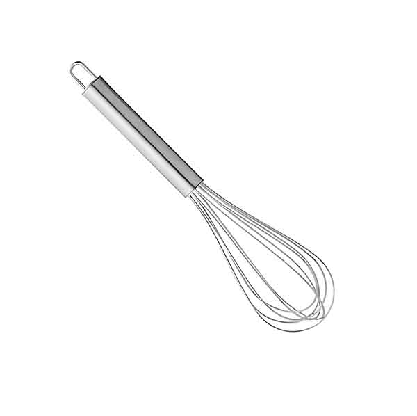 A stainless steel hand whisk with a smooth metallic handle and several thin wire loops forming the whisking end. The whisk is shown on a white background, highlighting its sleek design and functionality.
