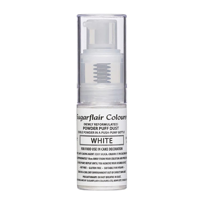 An image of a clear push-pump bottle containing white edible powder dust for cake decoration. The bottle features a white label with black text, indicating the product name "Sugarflair Colours Powder Puff Dust" and the color "WHITE." It has instructions for use and safety precautions, along with mentions that it is gluten-free and suitable for vegans. The pump top allows for easy dispensing of the powder.