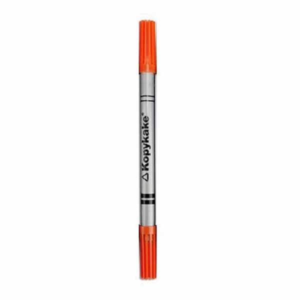 The image shows a Kopykake edible ink pen in orange. The pen has a sleek design with a silver body and bright orange caps on both ends. The brand name "Kopykake" is printed in black on the side of the pen.