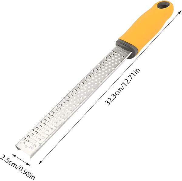 A detailed view of the stainless steel zester, measuring 32.3 cm (12.71 inches) in length and 2.5 cm (0.98 inches) in width, emphasizing its ergonomic and compact design.