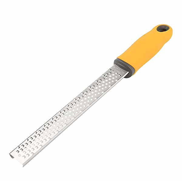 A stainless steel zester with a long grating blade and a bright yellow handle, designed for durability and comfort during use.