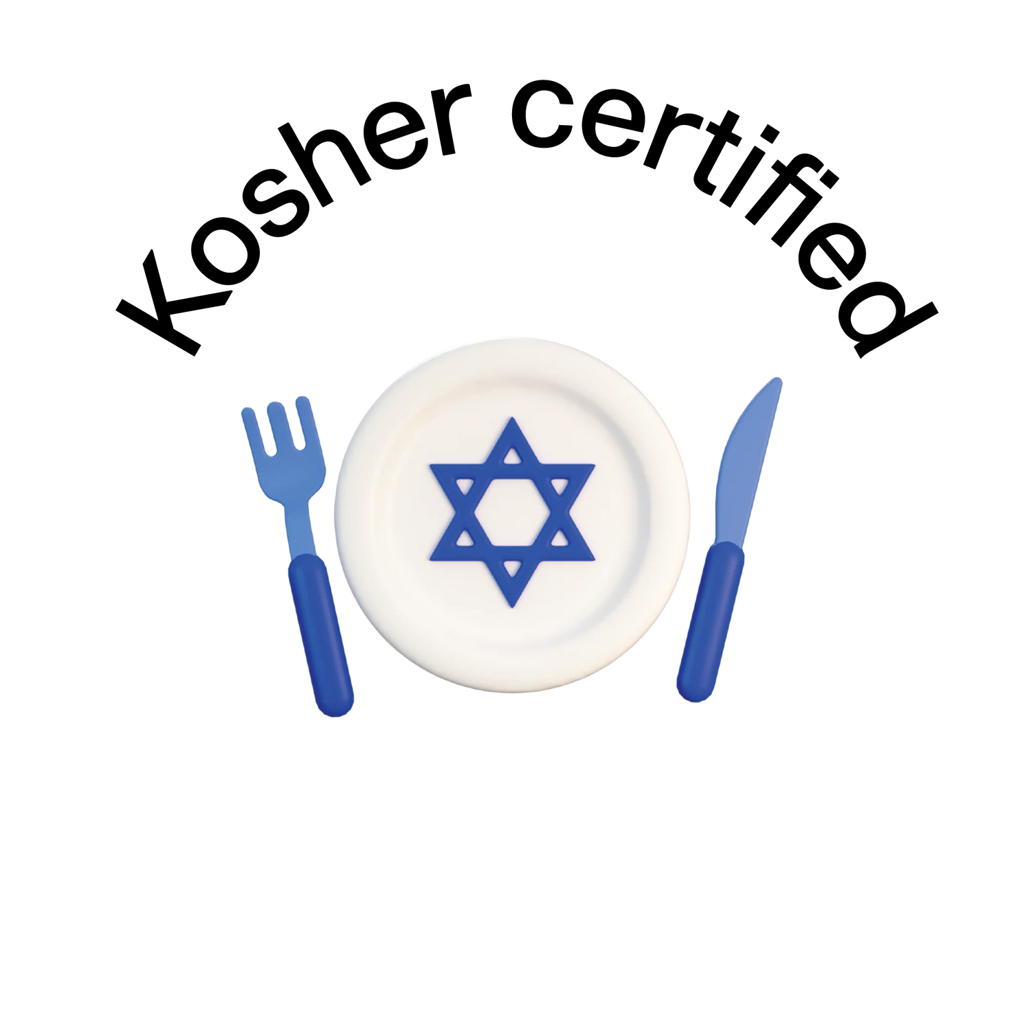 An image featuring a round white plate with a blue Star of David design in the center, accompanied by a blue fork on the left and a blue knife on the right. The background is black.