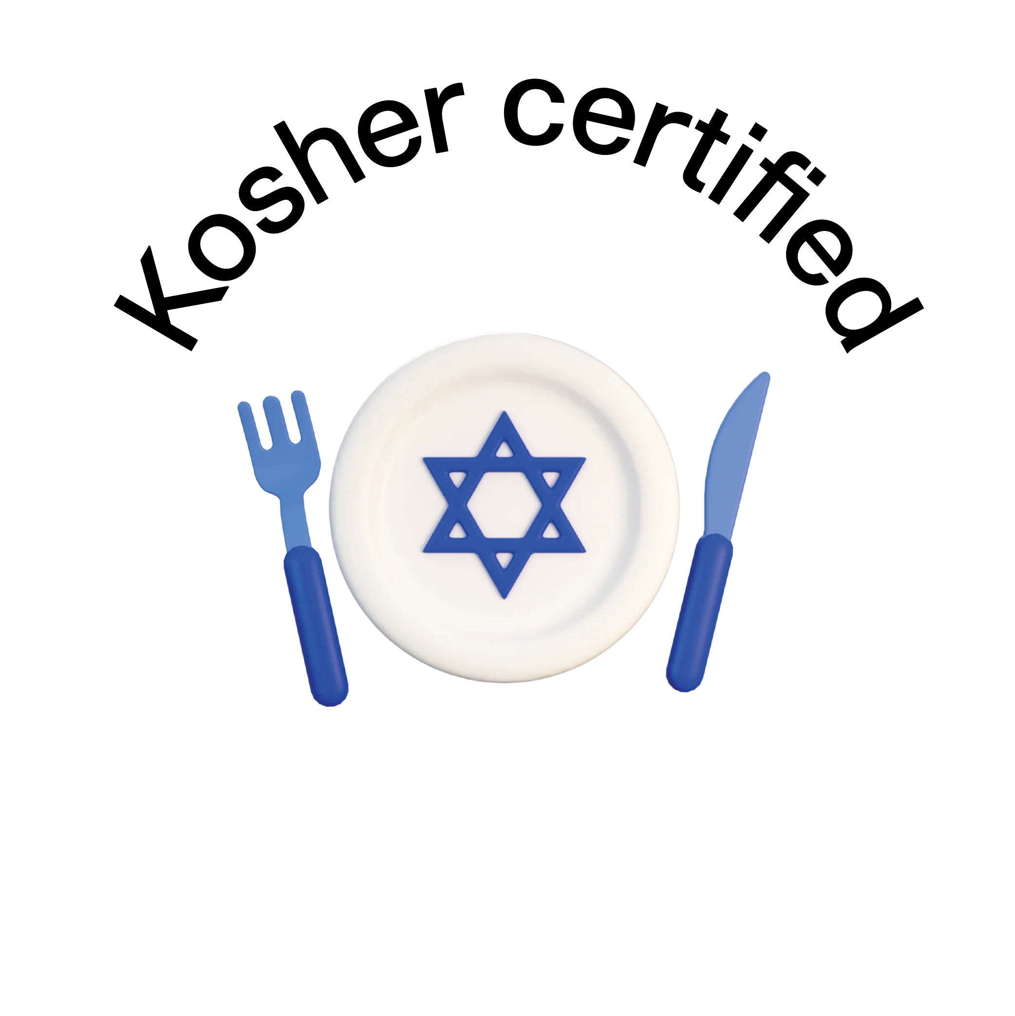 An image featuring a round white plate with a blue Star of David design in the center, accompanied by a blue fork on the left and a blue knife on the right. The background is black.