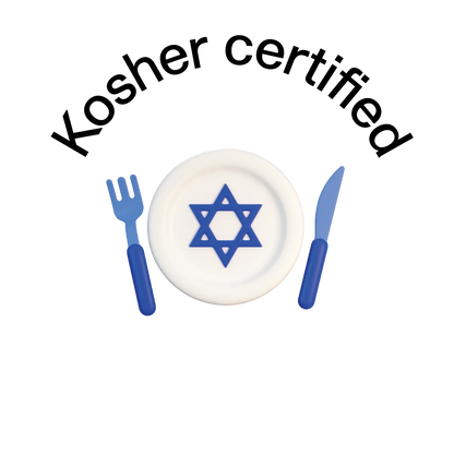 An image featuring a round white plate with a blue Star of David design in the center, accompanied by a blue fork on the left and a blue knife on the right. The background is black.