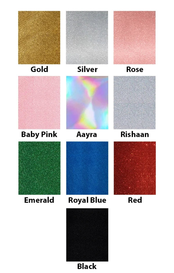 The image displays a collection of glitter options for a product called &quot;personalised name glitter.&quot; It consists of a grid with 12 different colors of glitter, each represented by a square. The colors include: 

- Gold 
- Silver 
- Rose 
- Baby Pink 
- An iridescent color labeled &quot;Aayra&quot; 
- A silver glitter labeled &quot;Rishaan&quot; 
- Emerald Green 
- Royal Blue 
- Red 
- Black 

Each color square is labeled accordingly, showcasing a variety of shiny, vibrant glitter finishes.