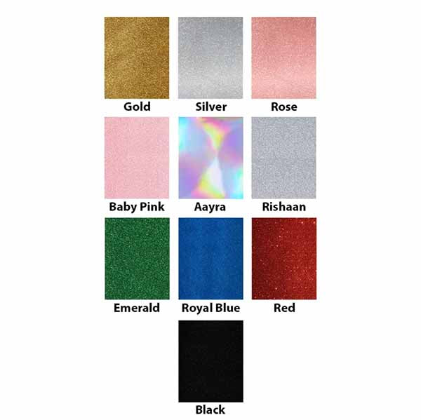 The image displays a selection of color swatches for a personalized golf birthday cake topper. The swatches include various colors such as Gold, Silver, Rose, Baby Pink, Aarya (a holographic effect), Rishaan (silver), Emerald, Royal Blue, Red, and Black, all arranged in a grid format. Each color is labeled for easy identification.