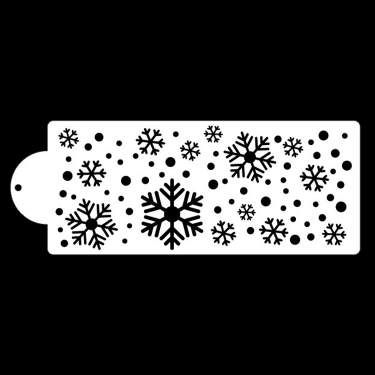 This image features a cake stencil design that includes various snowflake patterns and circular shapes. The stencil is primarily white with intricate black designs depicting different sizes of snowflakes scattered across the surface, along with small round dots. There is a handle on the left side for easy use. The overall appearance is festive and suitable for winter-themed cake decorating.