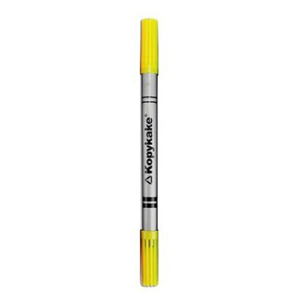 A yellow edible ink pen with a silver barrel, featuring the brand name &quot;Kopykake&quot; printed on the side. The pen has two yellow caps on each end.