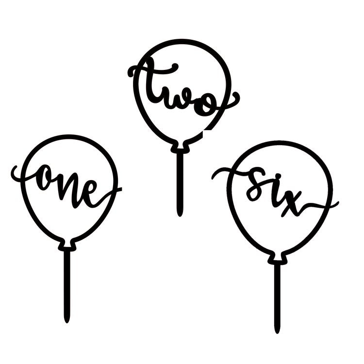 Three black acrylic balloon-shaped cake toppers featuring the words &quot;one,&quot; &quot;two,&quot; and &quot;six&quot; written in a whimsical font. Each balloon has a stick at the bottom for easy placement on a cake.