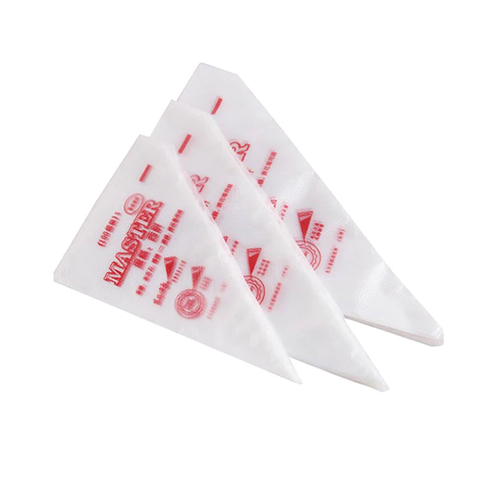 Three large disposable piping bags are displayed, featuring a clear plastic design with red printed text and graphics. The bags are pointed at one end, indicating they are designed for decorating and baking purposes.