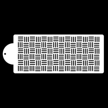 The image shows a rectangular cake stencil with a patterned design. The stencil has a rounded end with a hole for easy handling. The pattern consists of a grid of intersecting lines and shapes, creating a textured appearance. The background is black, making the white stencil design stand out clearly.