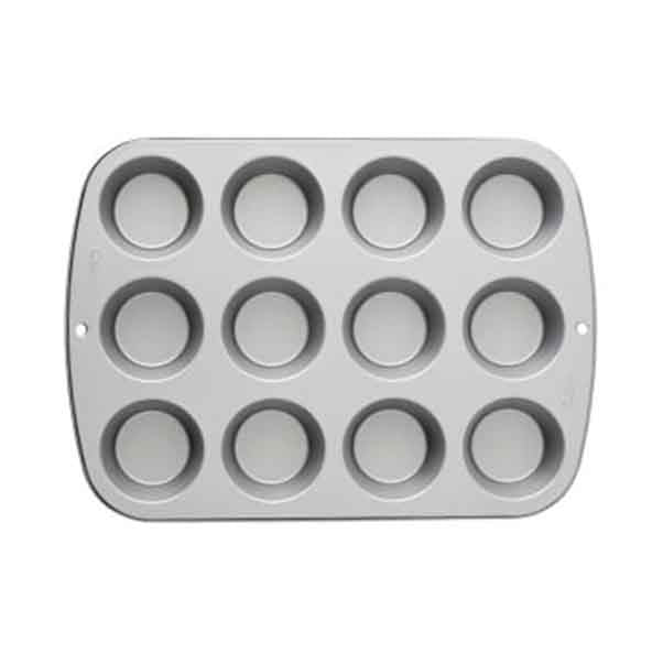 A 12-cup mini muffin and cupcake pan, made of metal with a non-stick surface, featuring 12 circular depressions arranged in two rows of six. The pan has a smooth, light gray finish and rounded edges.