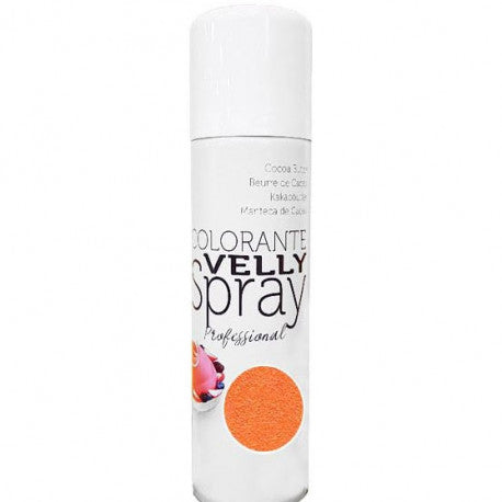 A cylindrical spray bottle labeled &quot;Colorante Svelly Spray Professional&quot; in a white and black design. The bottle is topped with a white cap and features a small orange circular graphic on the front, indicating the color of the product. The label includes text in multiple languages, with ingredients mentioned.