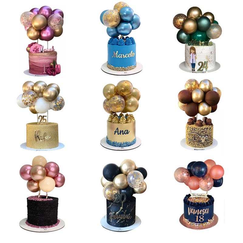 A collage of nine decorated cakes featuring various colorful balloon toppers. Each cake is uniquely designed with different colors and styles, including pink, blue, gold, and black. The cakes have festive decorations and some include names or numbers, indicating celebrations such as birthdays. The balloon arrangements are various sizes and shapes, enhancing the festive appearance of each cake.