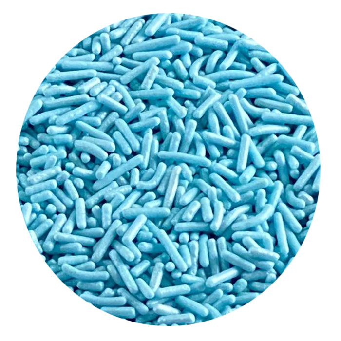 Close-up of blue sugar sprinkles, which are small, cylindrical, and varied in length, creating a vibrant and colorful appearance. The sprinkles are densely packed and display a bright blue color, giving a playful and decorative touch ideal for baking and desserts.