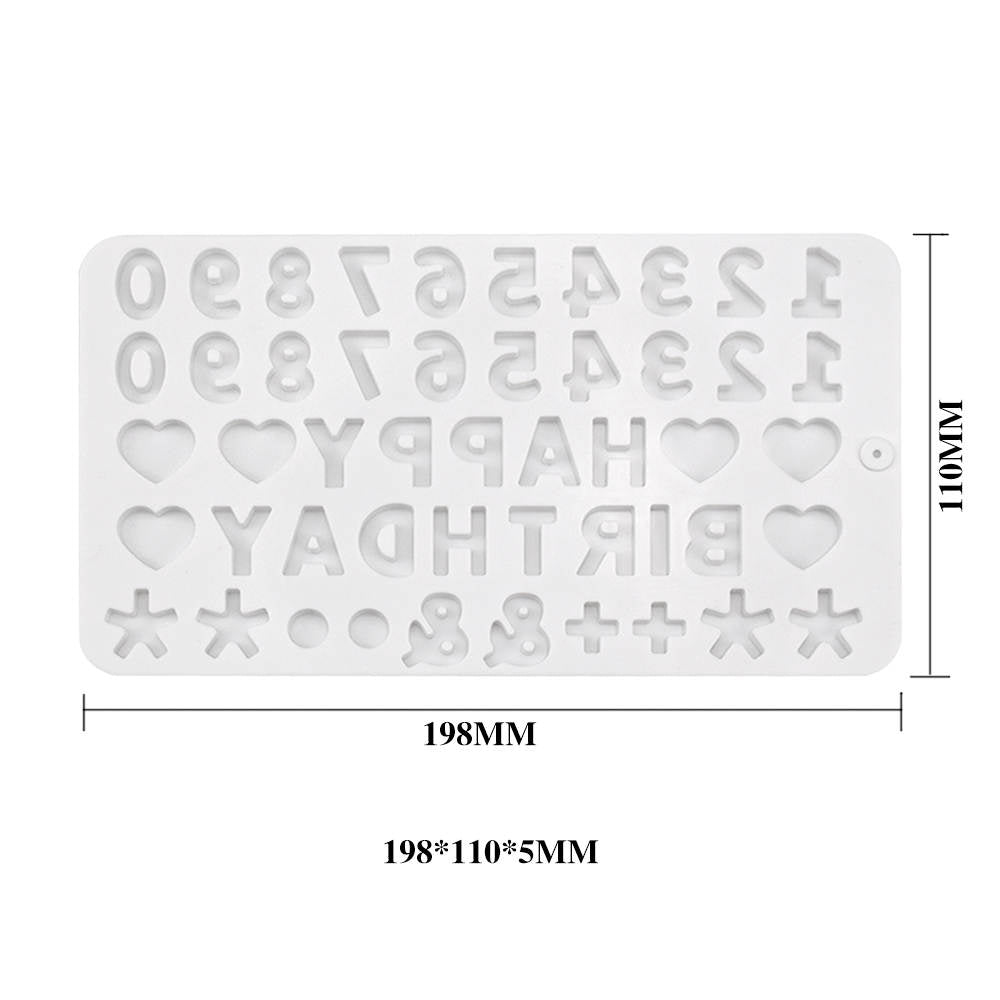 A white silicone mould featuring numbers, letters, and symbols for creating birthday decorations. The mould includes the numbers 0-9, letters spelling &quot;HAPPY BIRTHDAY,&quot; hearts, stars, and circles, arranged in two rows. Dimensions of the mould are 198mm by 110mm by 5mm.