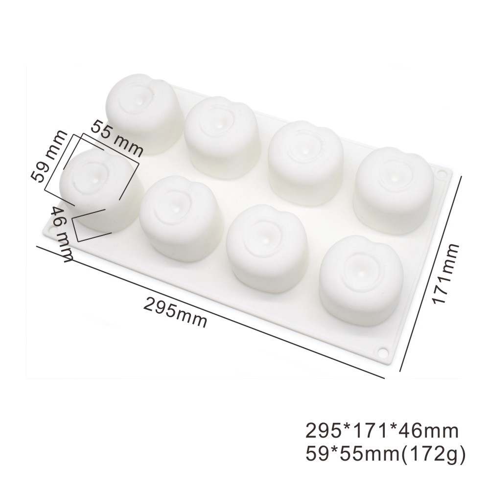 An image of a cherry-shaped silicone mold featuring eight cavities, arranged in two rows of four. The mold is predominantly white and displays various dimensions labeled on the sides, including measurements of 295mm x 171mm x 46mm and individual cavity sizes of 59mm x 55mm. The mold is flat with circular, cherry-like shapes designed for creating treats or desserts.