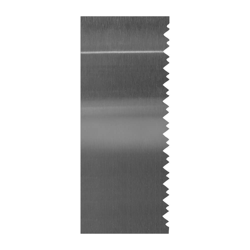 A stainless steel scraper blade featuring a flat edge on one side and a serrated edge on the other. The surface has a smooth, shiny finish, indicating its durable material. The scraper is vertically oriented in the image.