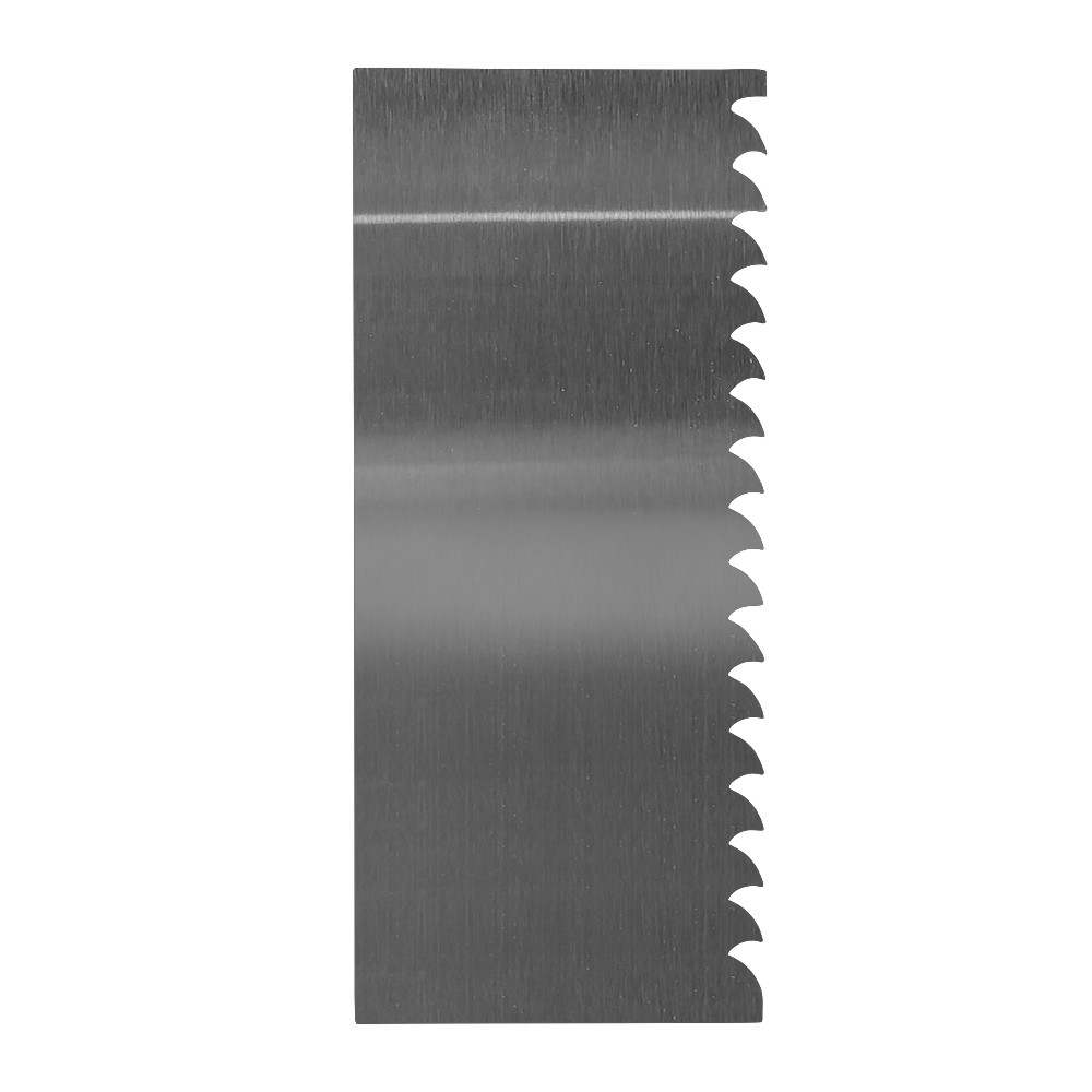 A stainless steel scraping blade with a straight edge on one side and a series of saw-like teeth along the other side. The blade has a smooth, shiny finish and is designed for various scraping tasks.