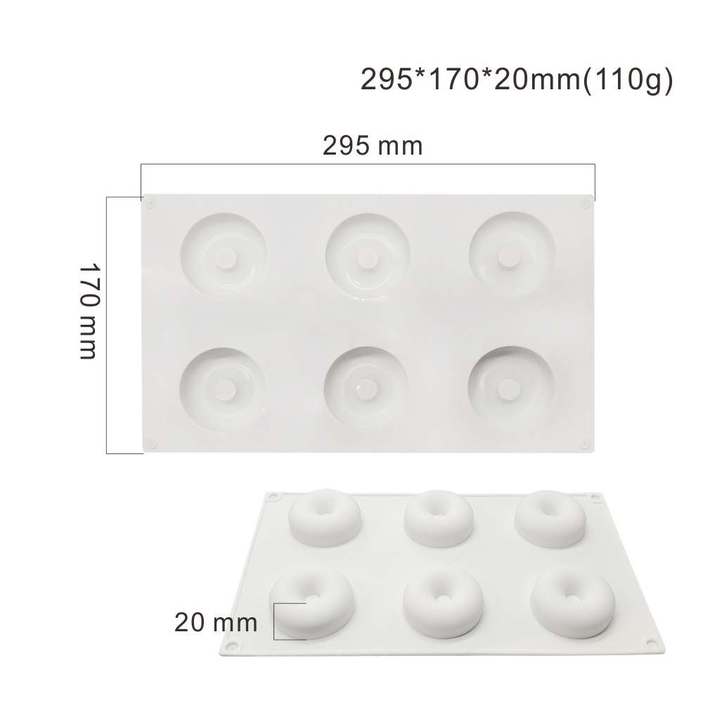 The image features a white silicone mould designed to create six donut-shaped cavities. The mould is rectangular, with measurements displayed as 295 mm in width and 170 mm in height, and a depth of 20 mm. Each cavity has a small circular hole in the center to form the classic donut shape. The overall appearance is smooth and flexible, ideal for baking or crafting donuts.